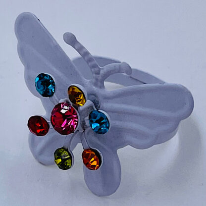 Sommerfuglering hvid med farvet diamantsten Lakeret justerbar ring